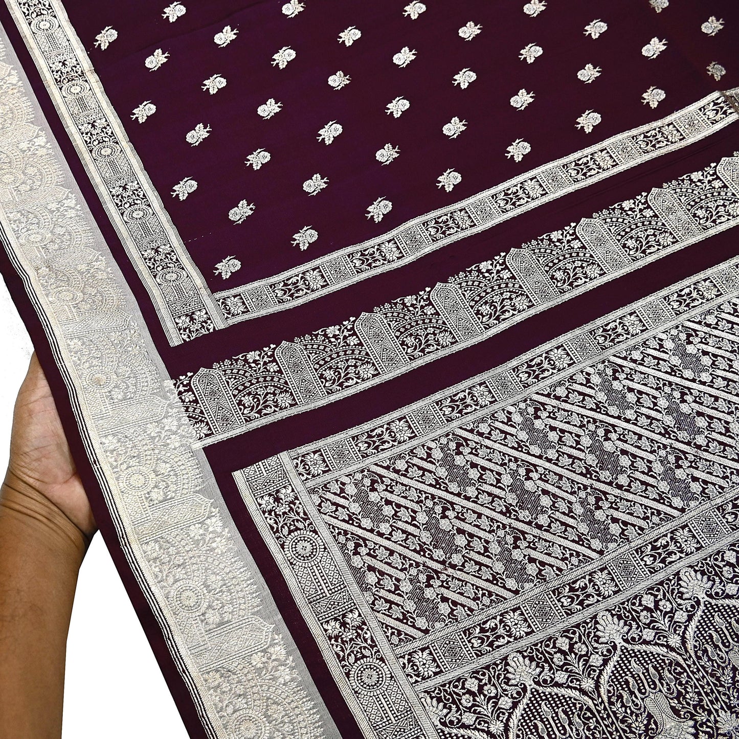Indian Vintage Sari Wine & Gray Heavy Wedding Pure Satin Silk Banarasi Brocade Saree Zari 5Yd Craft Fabric Ethnic Dress making Crafting