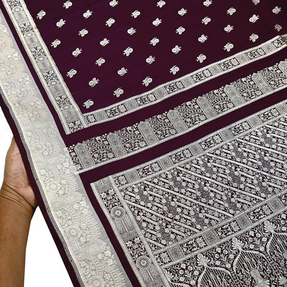 Indian Vintage Sari Wine & Gray Heavy Wedding Pure Satin Silk Banarasi Brocade Saree Zari 5Yd Craft Fabric Ethnic Dress making Crafting