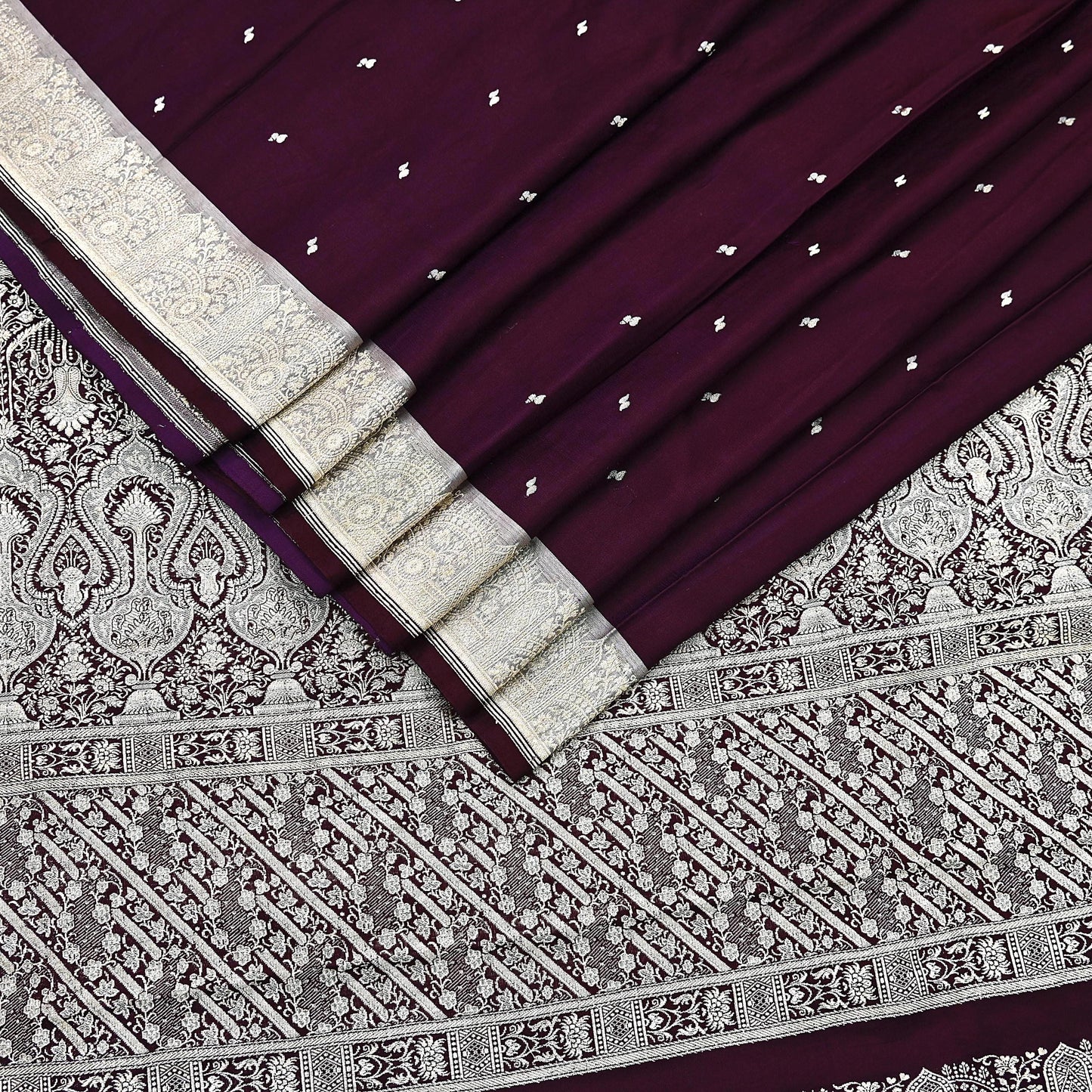 Indian Vintage Sari Wine & Gray Heavy Wedding Pure Satin Silk Banarasi Brocade Saree Zari 5Yd Craft Fabric Ethnic Dress making Crafting