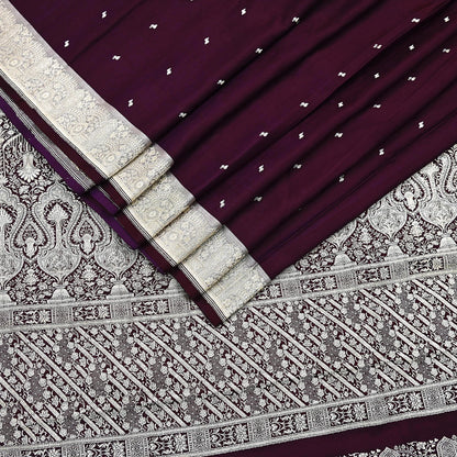 Indian Vintage Sari Wine & Gray Heavy Wedding Pure Satin Silk Banarasi Brocade Saree Zari 5Yd Craft Fabric Ethnic Dress making Crafting