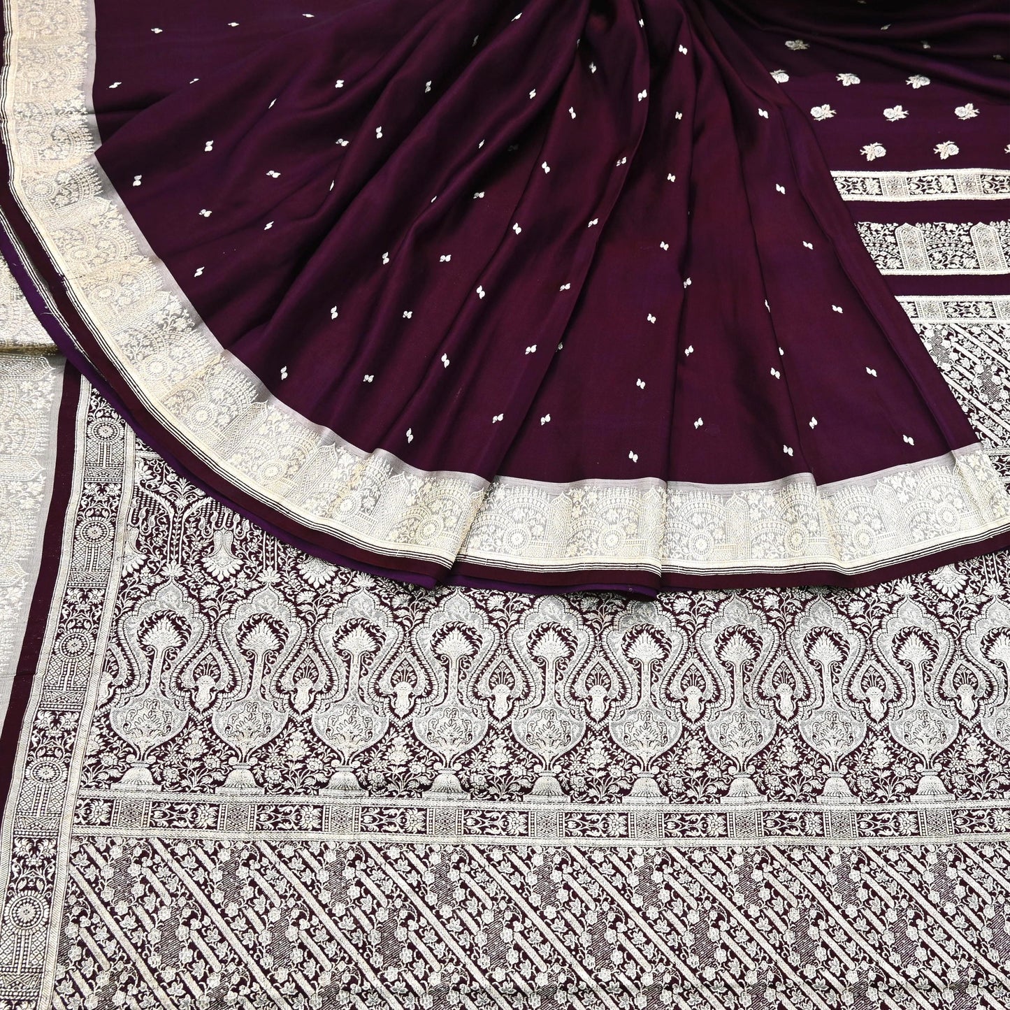 Indian Vintage Sari Wine & Gray Heavy Wedding Pure Satin Silk Banarasi Brocade Saree Zari 5Yd Craft Fabric Ethnic Dress making Crafting