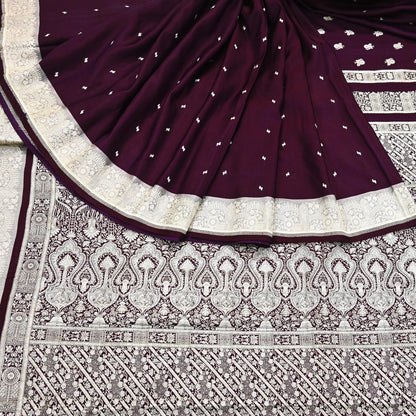 Indian Vintage Sari Wine & Gray Heavy Wedding Pure Satin Silk Banarasi Brocade Saree Zari 5Yd Craft Fabric Ethnic Dress making Crafting
