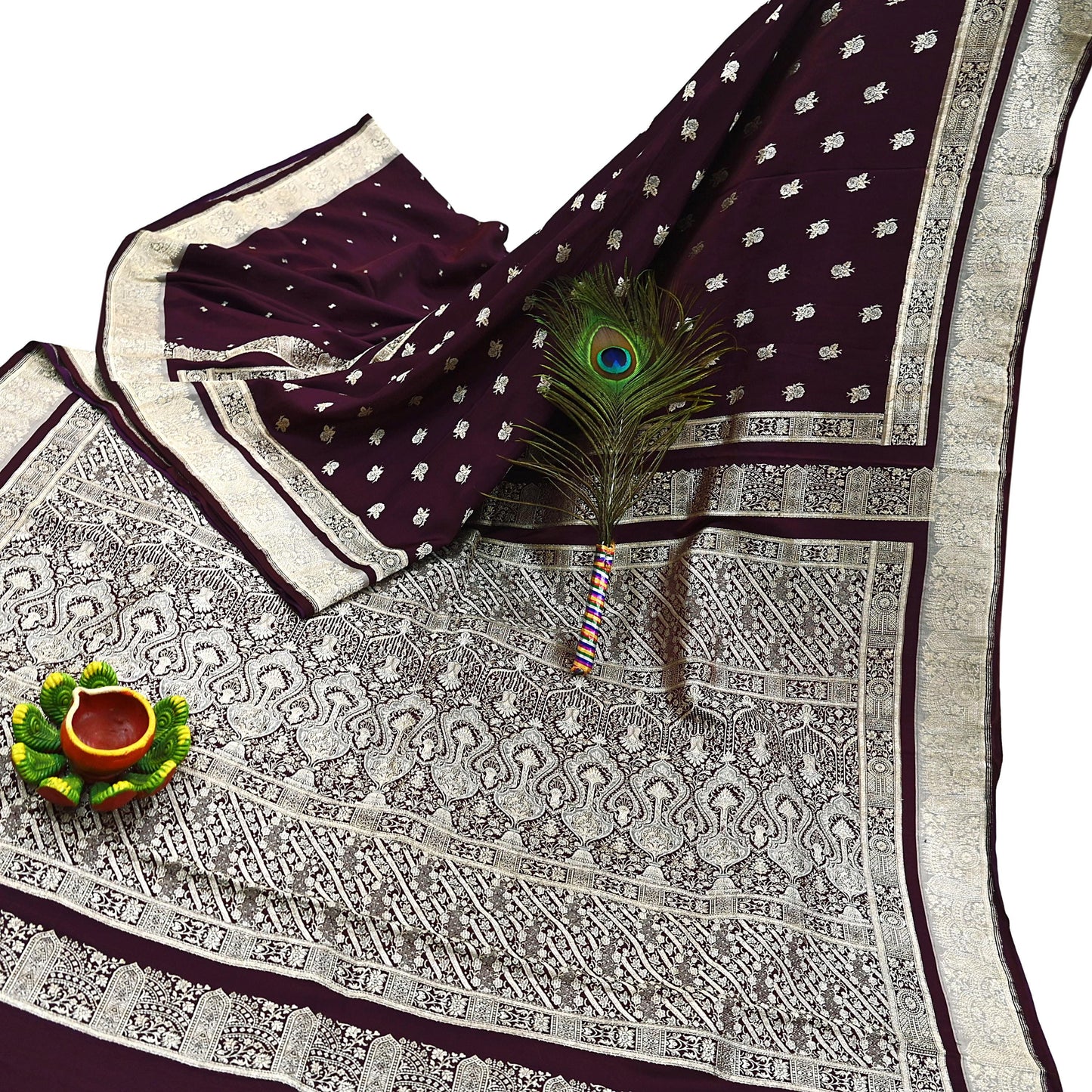 Indian Vintage Sari Wine & Gray Heavy Wedding Pure Satin Silk Banarasi Brocade Saree Zari 5Yd Craft Fabric Ethnic Dress making Crafting