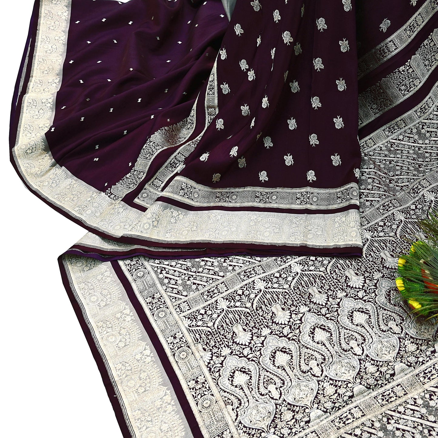 Indian Vintage Sari Wine & Gray Heavy Wedding Pure Satin Silk Banarasi Brocade Saree Zari 5Yd Craft Fabric Ethnic Dress making Crafting