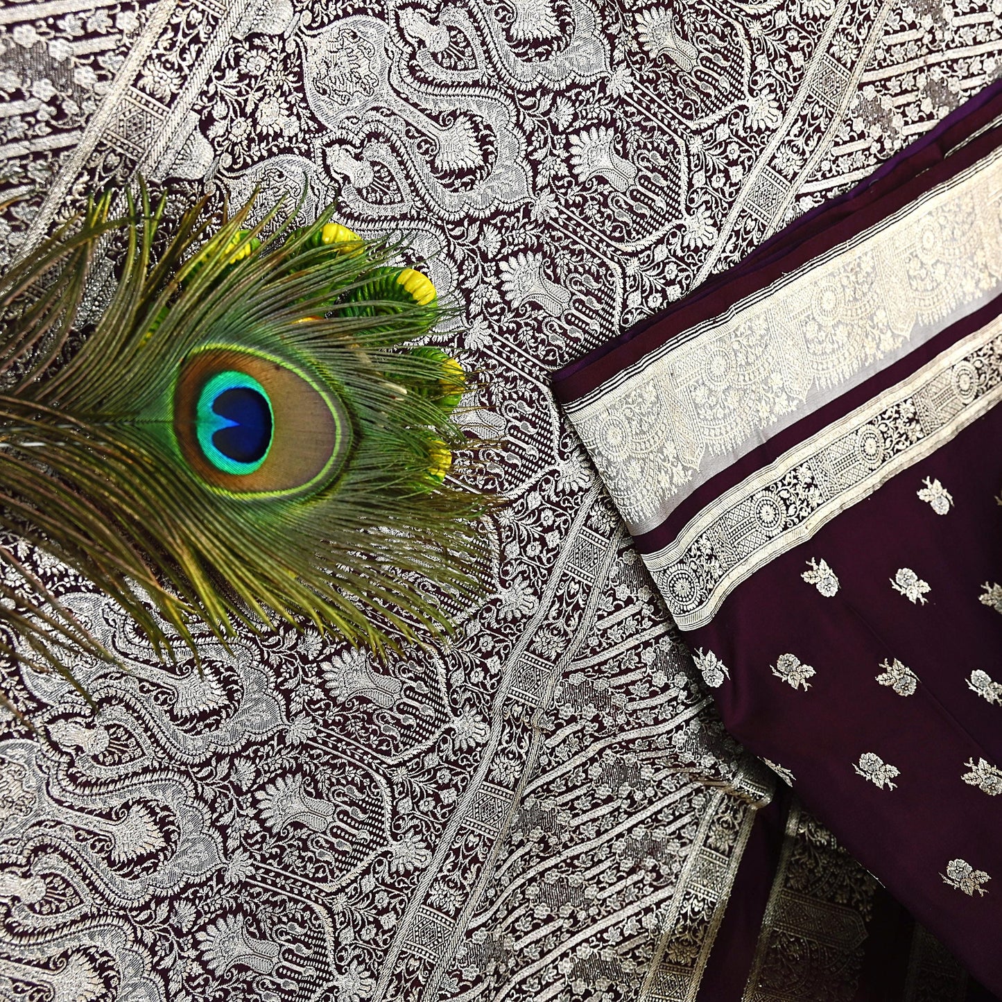 Indian Vintage Sari Wine & Gray Heavy Wedding Pure Satin Silk Banarasi Brocade Saree Zari 5Yd Craft Fabric Ethnic Dress making Crafting