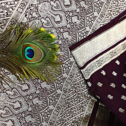 Indian Vintage Sari Wine & Gray Heavy Wedding Pure Satin Silk Banarasi Brocade Saree Zari 5Yd Craft Fabric Ethnic Dress making Crafting