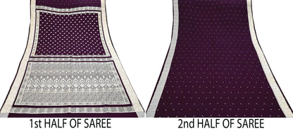 Indian Vintage Sari Wine & Gray Heavy Wedding Pure Satin Silk Banarasi Brocade Saree Zari 5Yd Craft Fabric Ethnic Dress making Crafting