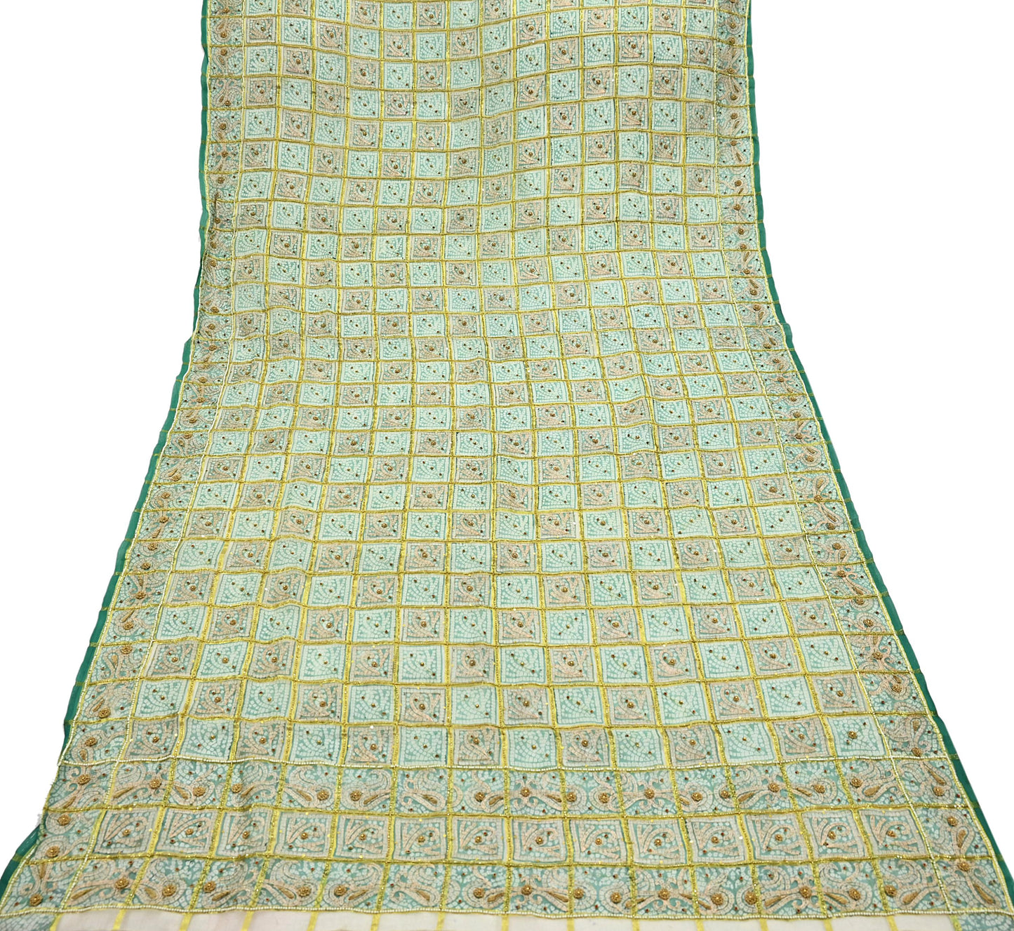 Indian Vintage Heavy Beige & Green Dupatta Organza Long Stole Hand Embroidered Bandhani Scarves Zari Zardozi/Dabka Floral