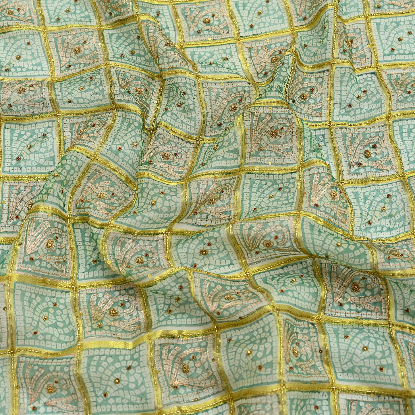 Indian Vintage Heavy Beige & Green Dupatta Organza Long Stole Hand Embroidered Bandhani Scarves Zari Zardozi/Dabka Floral