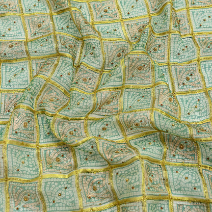 Indian Vintage Heavy Beige & Green Dupatta Organza Long Stole Hand Embroidered Bandhani Scarves Zari Zardozi/Dabka Floral