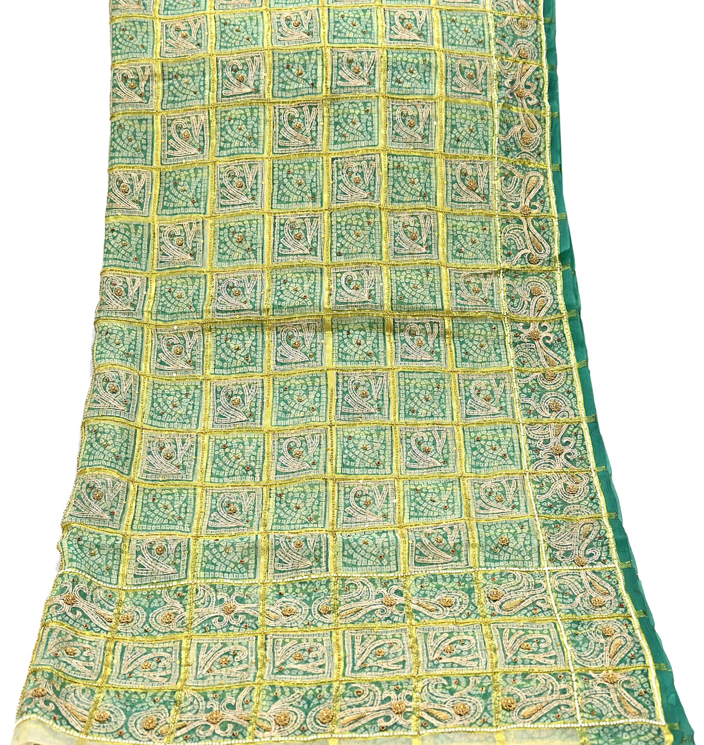 Indian Vintage Heavy Beige & Green Dupatta Organza Long Stole Hand Embroidered Bandhani Scarves Zari Zardozi/Dabka Floral