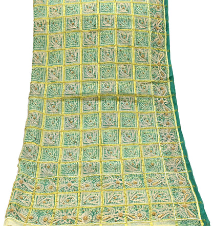 Indian Vintage Heavy Beige & Green Dupatta Organza Long Stole Hand Embroidered Bandhani Scarves Zari Zardozi/Dabka Floral