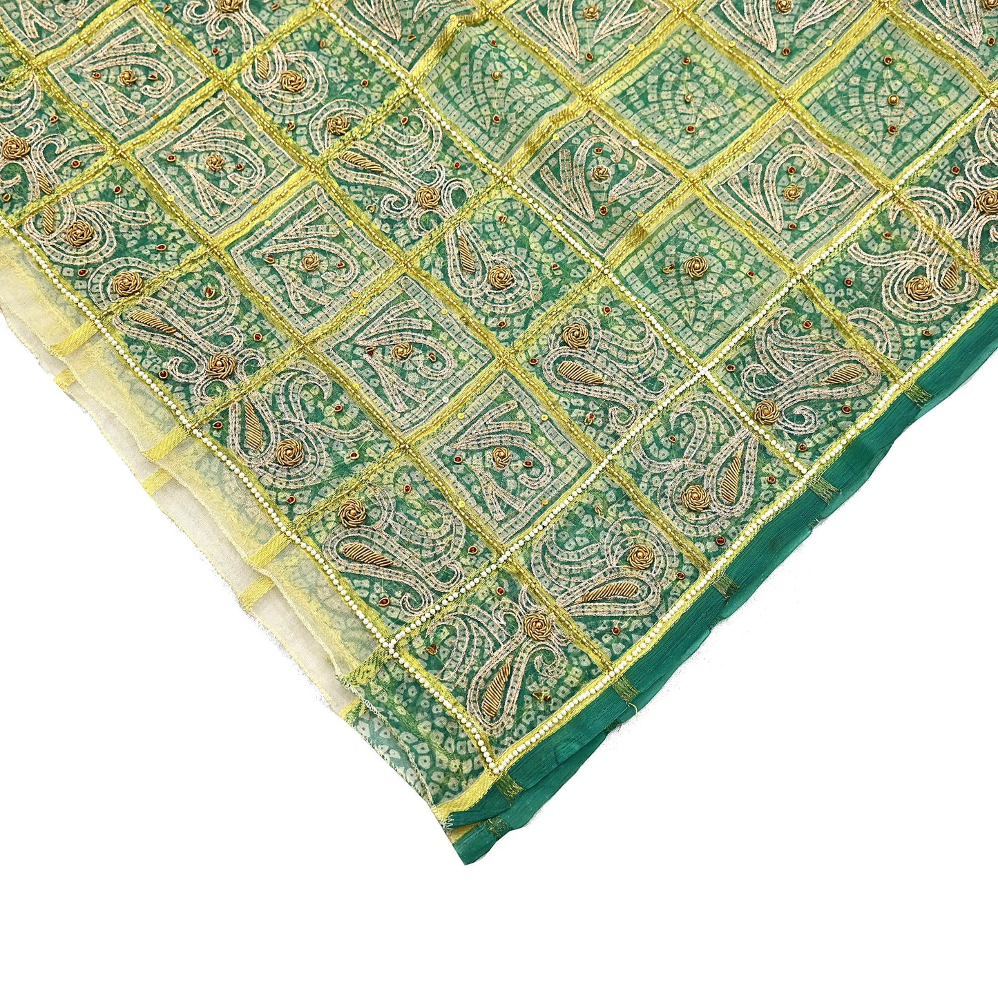 Indian Vintage Heavy Beige & Green Dupatta Organza Long Stole Hand Embroidered Bandhani Scarves Zari Zardozi/Dabka Floral