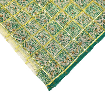 Indian Vintage Heavy Beige & Green Dupatta Organza Long Stole Hand Embroidered Bandhani Scarves Zari Zardozi/Dabka Floral
