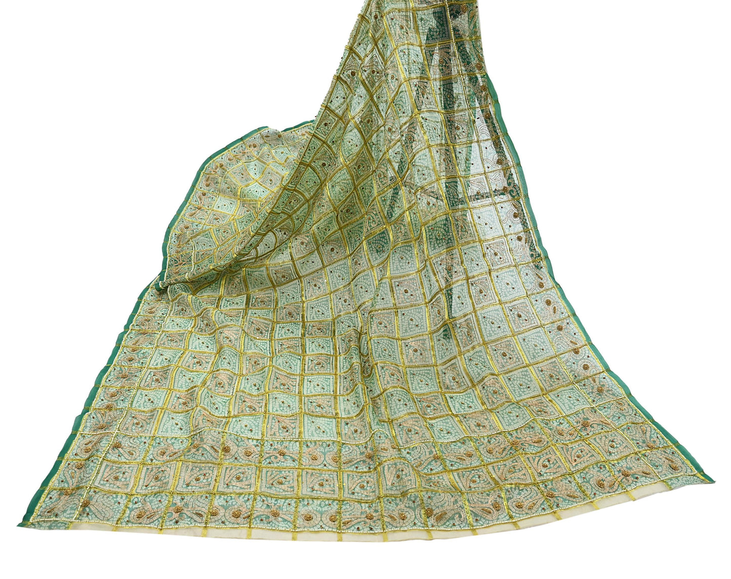 Indian Vintage Heavy Beige & Green Dupatta Organza Long Stole Hand Embroidered Bandhani Scarves Zari Zardozi/Dabka Floral