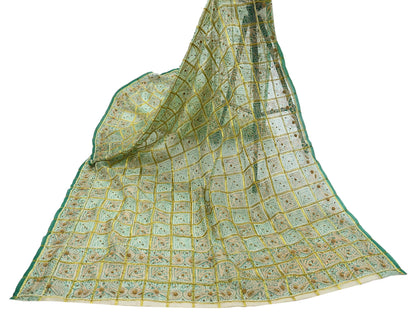 Indian Vintage Heavy Beige & Green Dupatta Organza Long Stole Hand Embroidered Bandhani Scarves Zari Zardozi/Dabka Floral