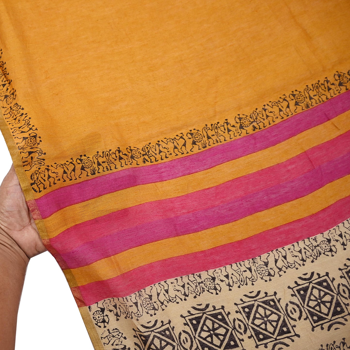 Indian Vintage Mustard Dupatta Long Stole 100% Pure Chanderi Silk Handloom warli Print Scarves Veil Scarf Wrap Hippie Fringes