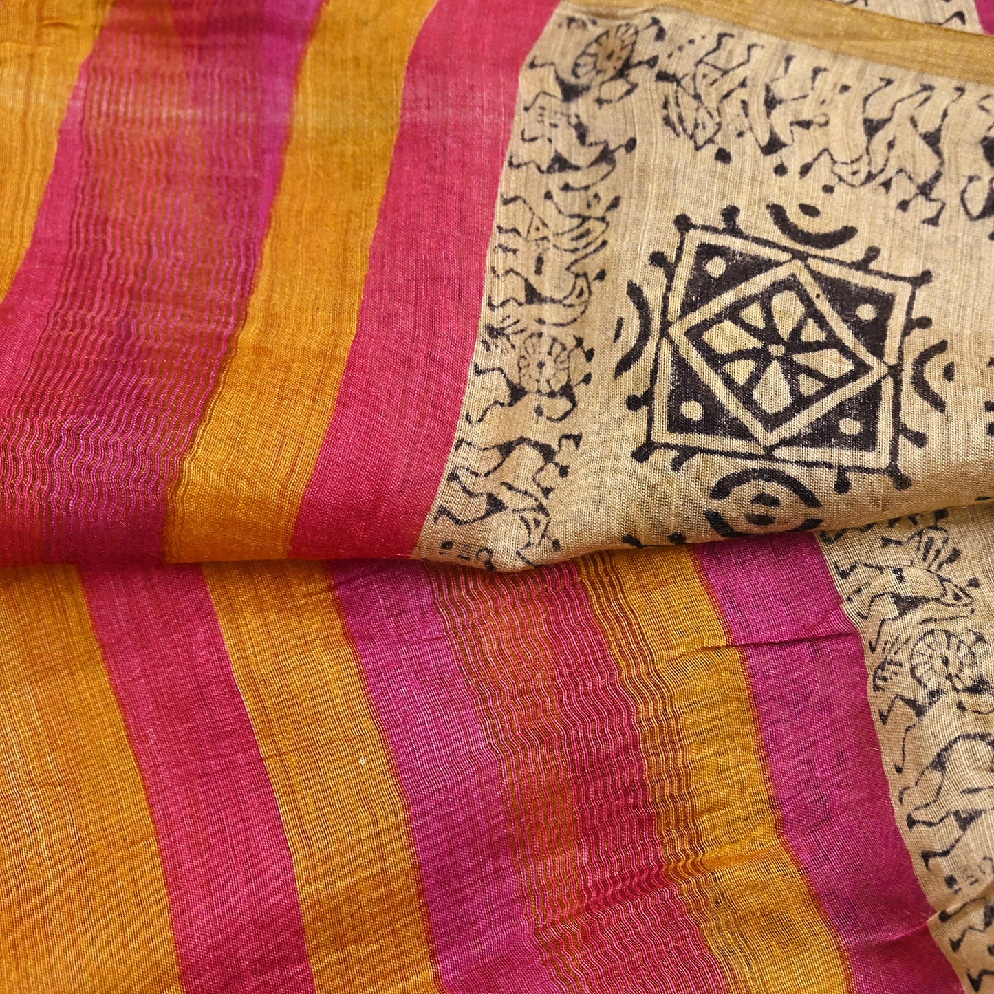 Indian Vintage Mustard Dupatta Long Stole 100% Pure Chanderi Silk Handloom warli Print Scarves Veil Scarf Wrap Hippie Fringes