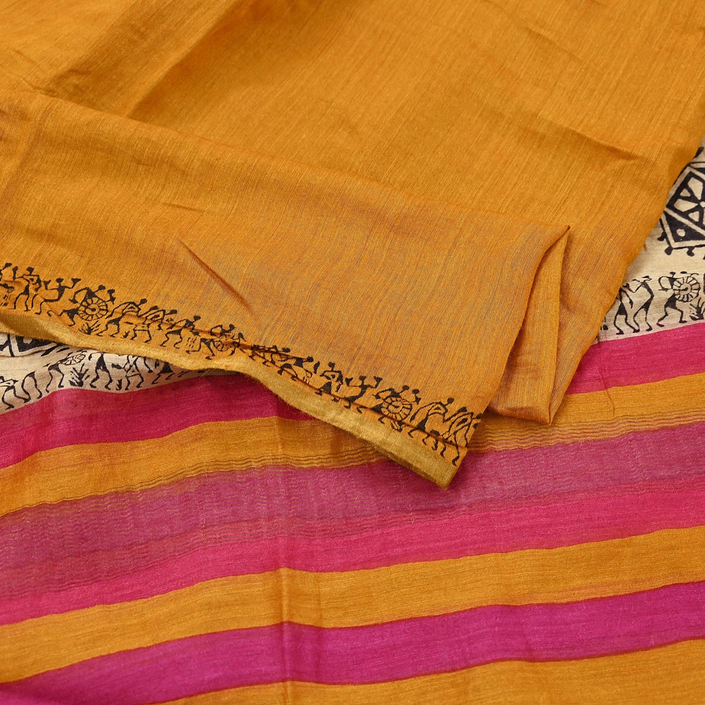 Indian Vintage Mustard Dupatta Long Stole 100% Pure Chanderi Silk Handloom warli Print Scarves Veil Scarf Wrap Hippie Fringes