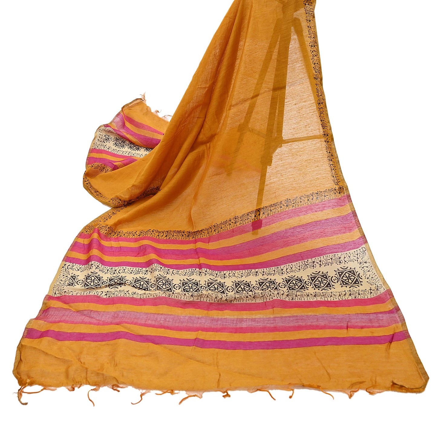 Indian Vintage Mustard Dupatta Long Stole 100% Pure Chanderi Silk Handloom warli Print Scarves Veil Scarf Wrap Hippie Fringes