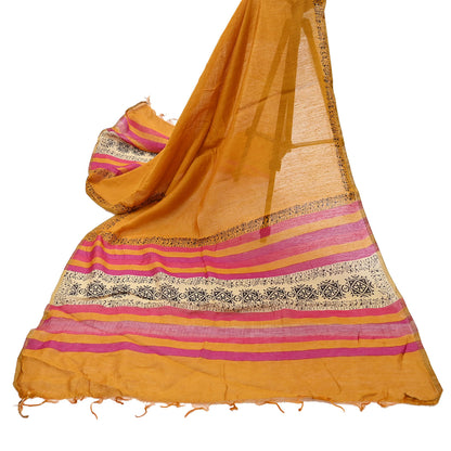 Indian Vintage Mustard Dupatta Long Stole 100% Pure Chanderi Silk Handloom warli Print Scarves Veil Scarf Wrap Hippie Fringes