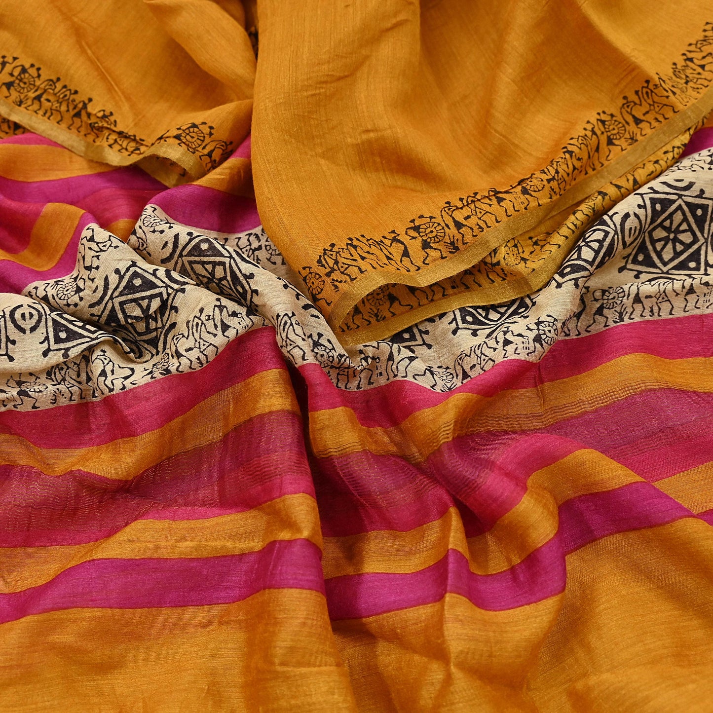 Indian Vintage Mustard Dupatta Long Stole 100% Pure Chanderi Silk Handloom warli Print Scarves Veil Scarf Wrap Hippie Fringes