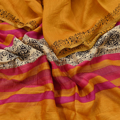 Indian Vintage Mustard Dupatta Long Stole 100% Pure Chanderi Silk Handloom warli Print Scarves Veil Scarf Wrap Hippie Fringes