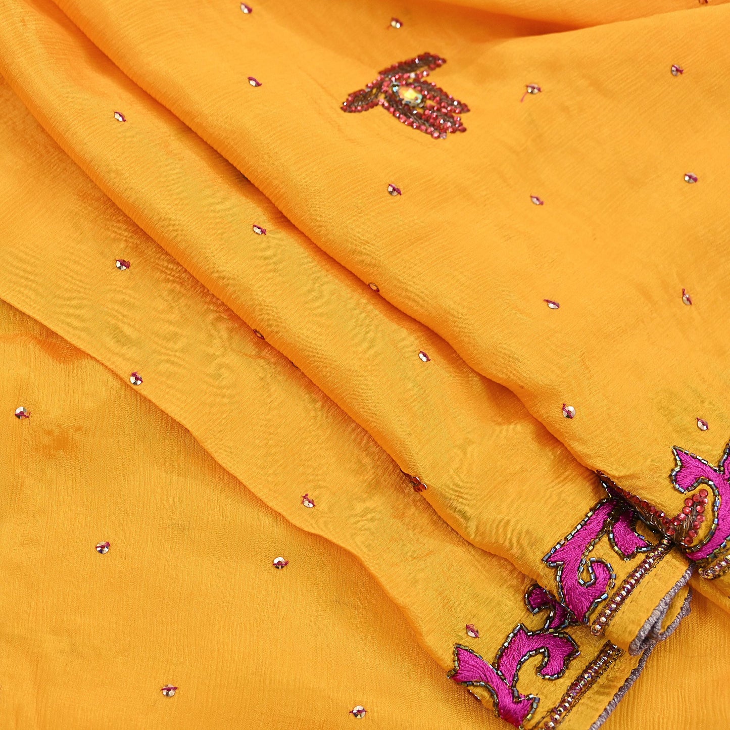 Indian Vintage Saffron Dupatta Pure silk Long Stole Hand Embroidered Scarves Stole Veil Wrap Sequins