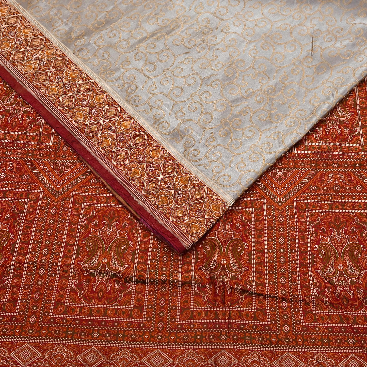 Vintage Gray & Maroon Banarasi Silk Saree Pure Satin Silk Handwoven Tanchoi Fabric with Paisley Weave 5 Yard Dressmaking Craft Material