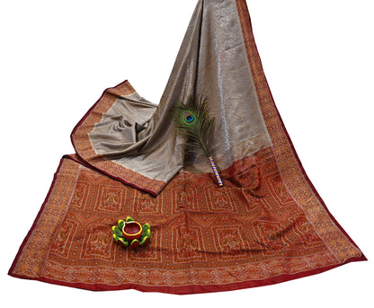 Vintage Gray & Maroon Banarasi Silk Saree Pure Satin Silk Handwoven Tanchoi Fabric with Paisley Weave 5 Yard Dressmaking Craft Material