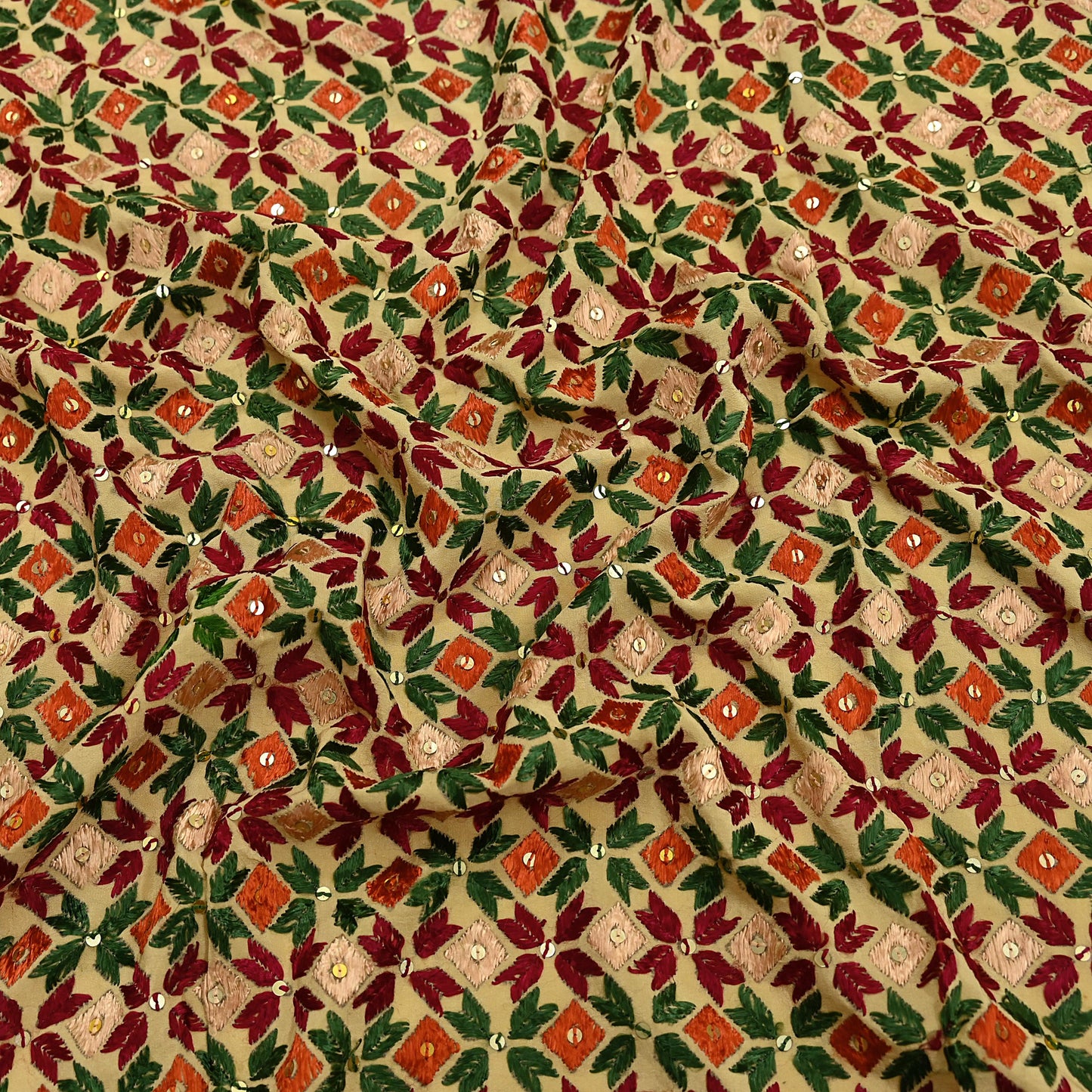 Indian Vintage Beige Heavy Wedding Dupatta Long Stole Crepe Silk Hand Embroidered Bagh Phulkari Stole Scarves