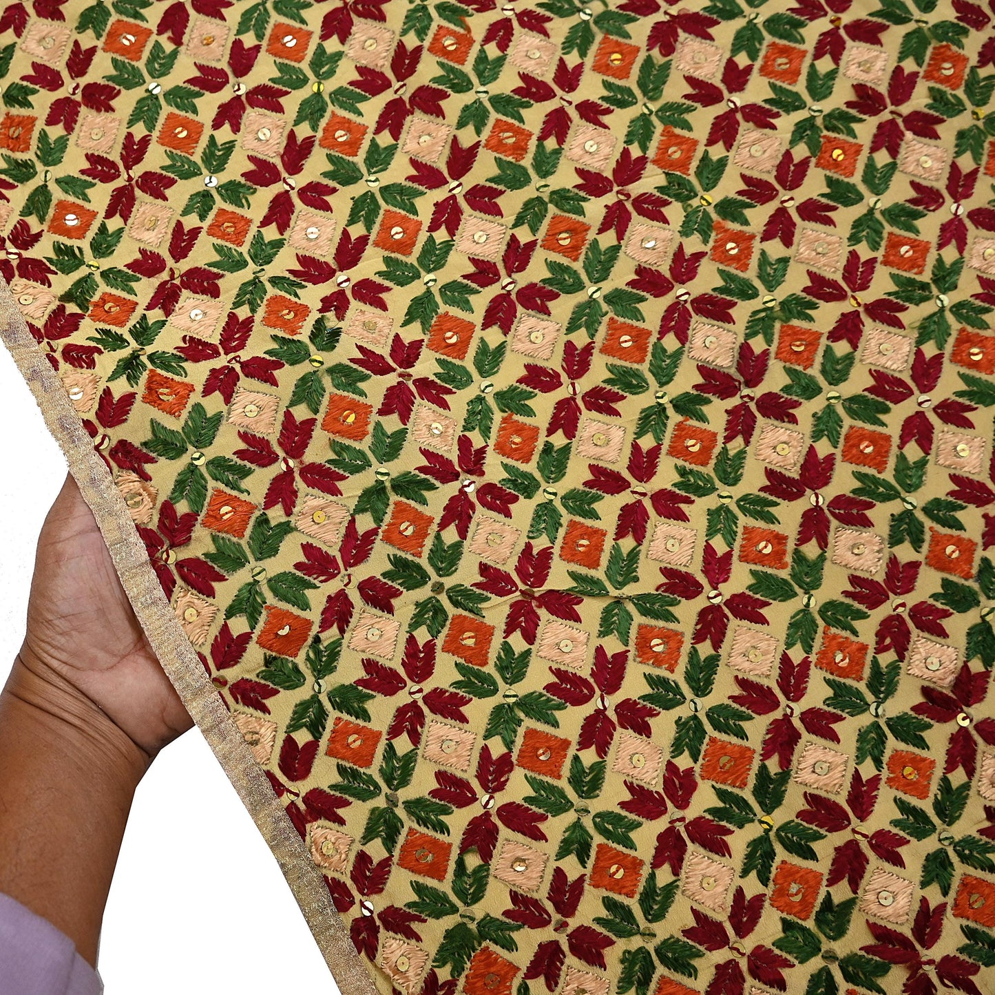 Indian Vintage Beige Heavy Wedding Dupatta Long Stole Crepe Silk Hand Embroidered Bagh Phulkari Stole Scarves