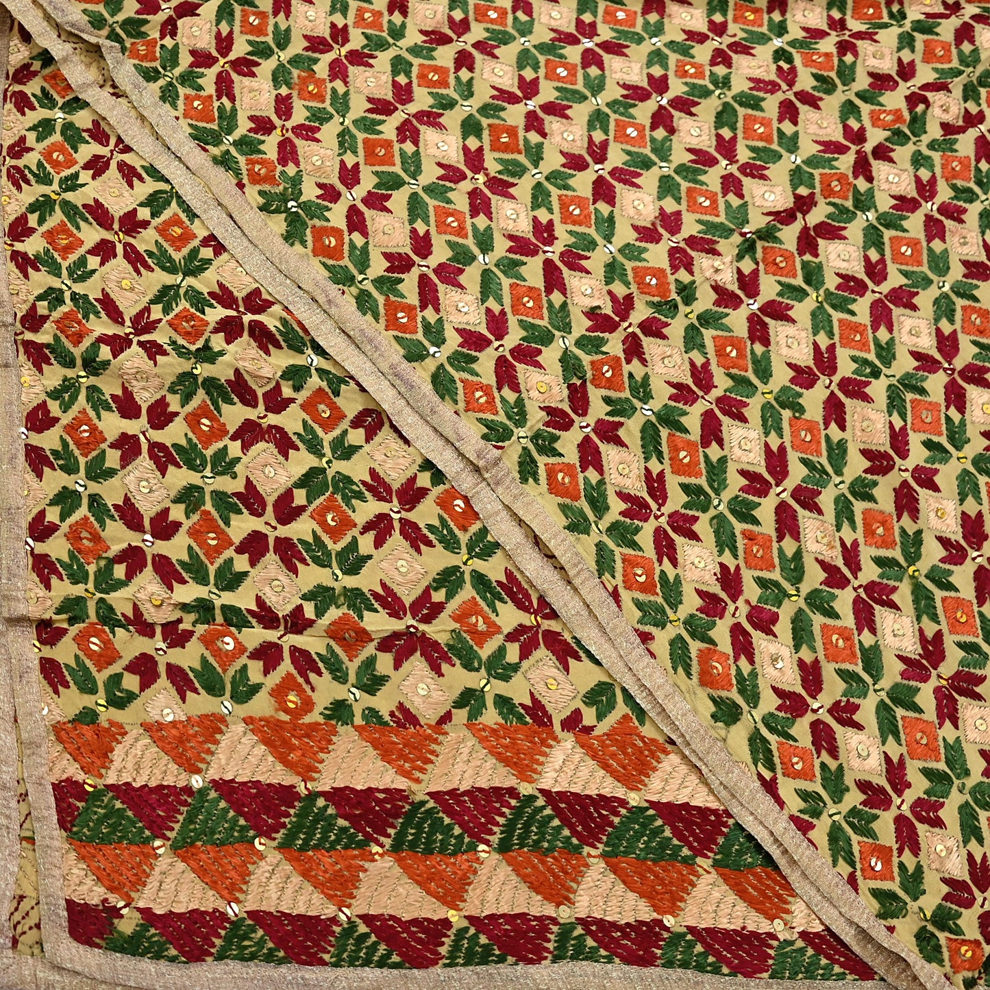 Indian Vintage Beige Heavy Wedding Dupatta Long Stole Crepe Silk Hand Embroidered Bagh Phulkari Stole Scarves