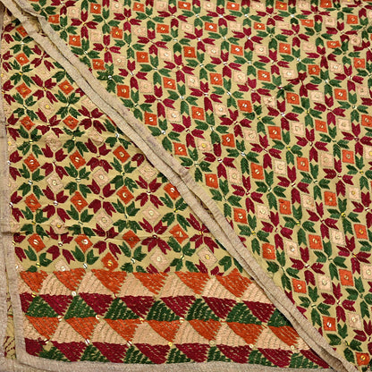 Indian Vintage Beige Heavy Wedding Dupatta Long Stole Crepe Silk Hand Embroidered Bagh Phulkari Stole Scarves