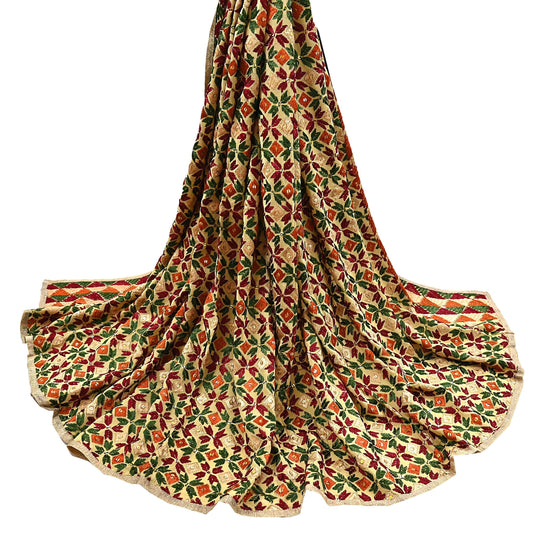 Indian Vintage Beige Heavy Wedding Dupatta Long Stole Crepe Silk Hand Embroidered Bagh Phulkari Stole Scarves