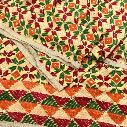 Indian Vintage Beige Heavy Wedding Dupatta Long Stole Crepe Silk Hand Embroidered Bagh Phulkari Stole Scarves