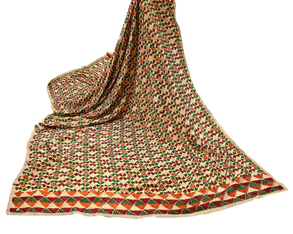 Indian Vintage Beige Heavy Wedding Dupatta Long Stole Crepe Silk Hand Embroidered Bagh Phulkari Stole Scarves