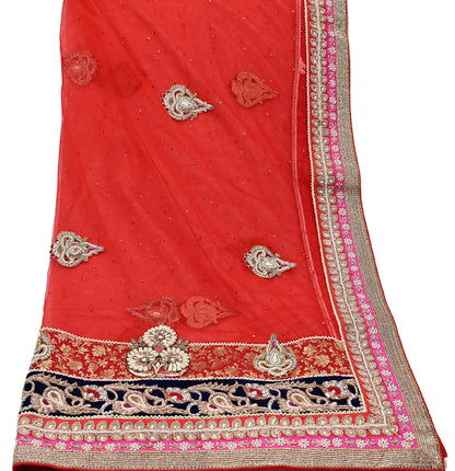 Indian Vintage Heavy Bridal Red Dupatta Net Mesh Long Stole Hand Embroidered Scarves Golden Zardozi Dabka Zari Sequins Wedding Veil Hijab