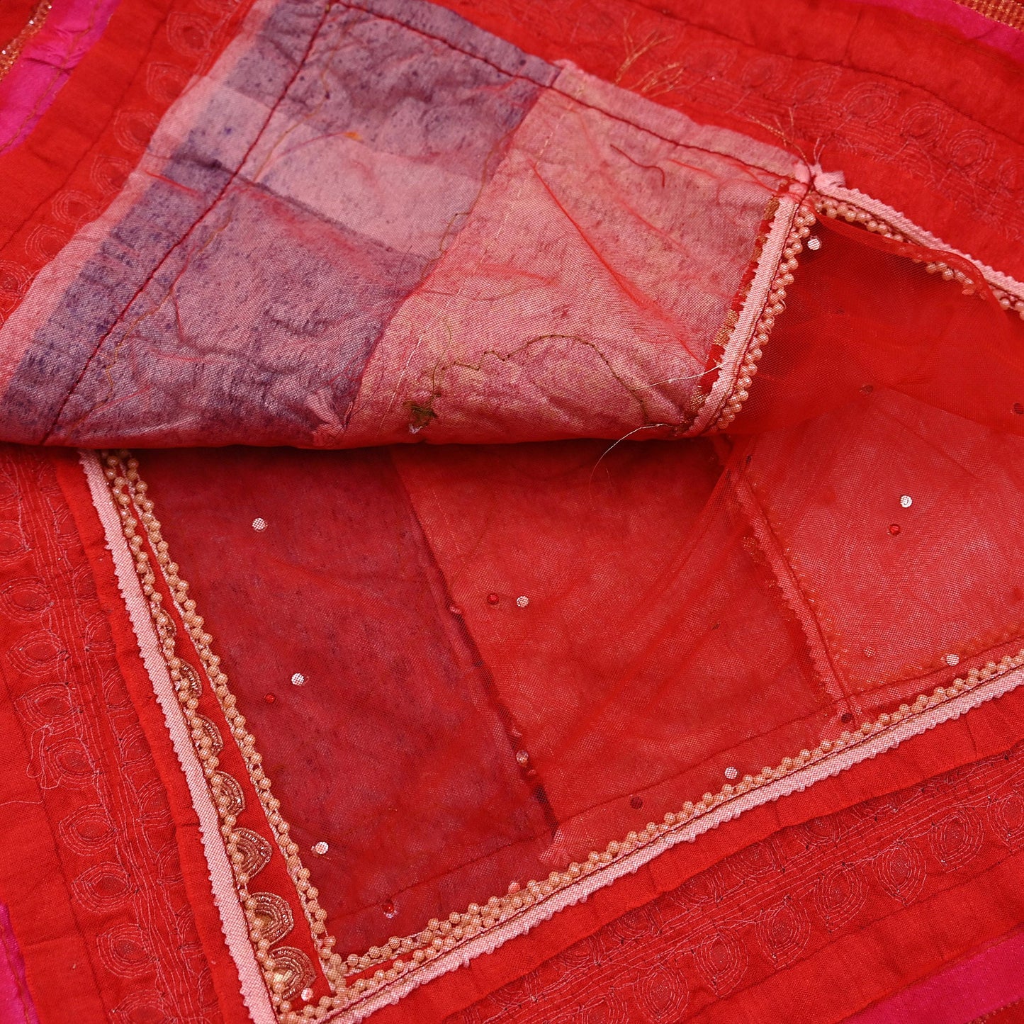 Indian Vintage Heavy Bridal Red Dupatta Net Mesh Long Stole Hand Embroidered Scarves Golden Zardozi Dabka Zari Sequins Wedding Veil Hijab