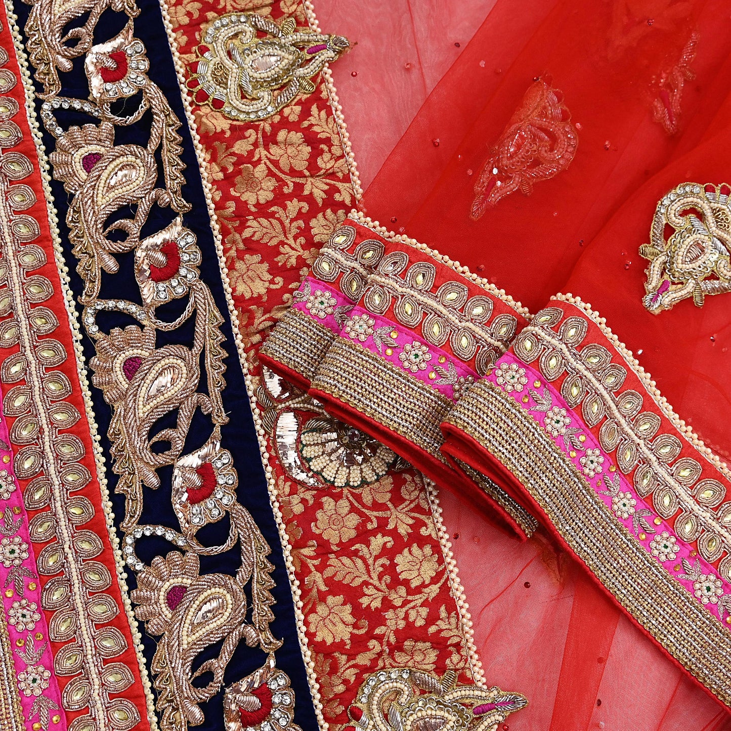 Indian Vintage Heavy Bridal Red Dupatta Net Mesh Long Stole Hand Embroidered Scarves Golden Zardozi Dabka Zari Sequins Wedding Veil Hijab
