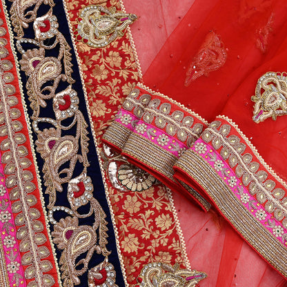 Indian Vintage Heavy Bridal Red Dupatta Net Mesh Long Stole Hand Embroidered Scarves Golden Zardozi Dabka Zari Sequins Wedding Veil Hijab
