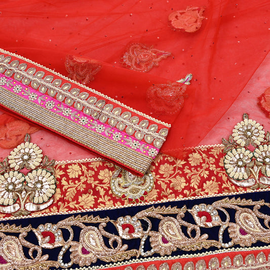 Indian Vintage Heavy Bridal Red Dupatta Net Mesh Long Stole Hand Embroidered Scarves Golden Zardozi Dabka Zari Sequins Wedding Veil Hijab