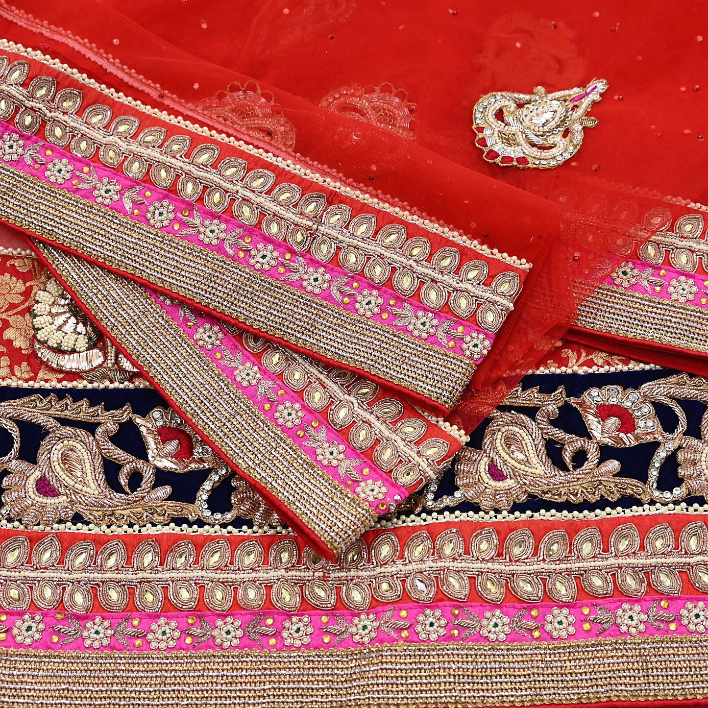 Indian Vintage Heavy Bridal Red Dupatta Net Mesh Long Stole Hand Embroidered Scarves Golden Zardozi Dabka Zari Sequins Wedding Veil Hijab