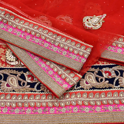Indian Vintage Heavy Bridal Red Dupatta Net Mesh Long Stole Hand Embroidered Scarves Golden Zardozi Dabka Zari Sequins Wedding Veil Hijab