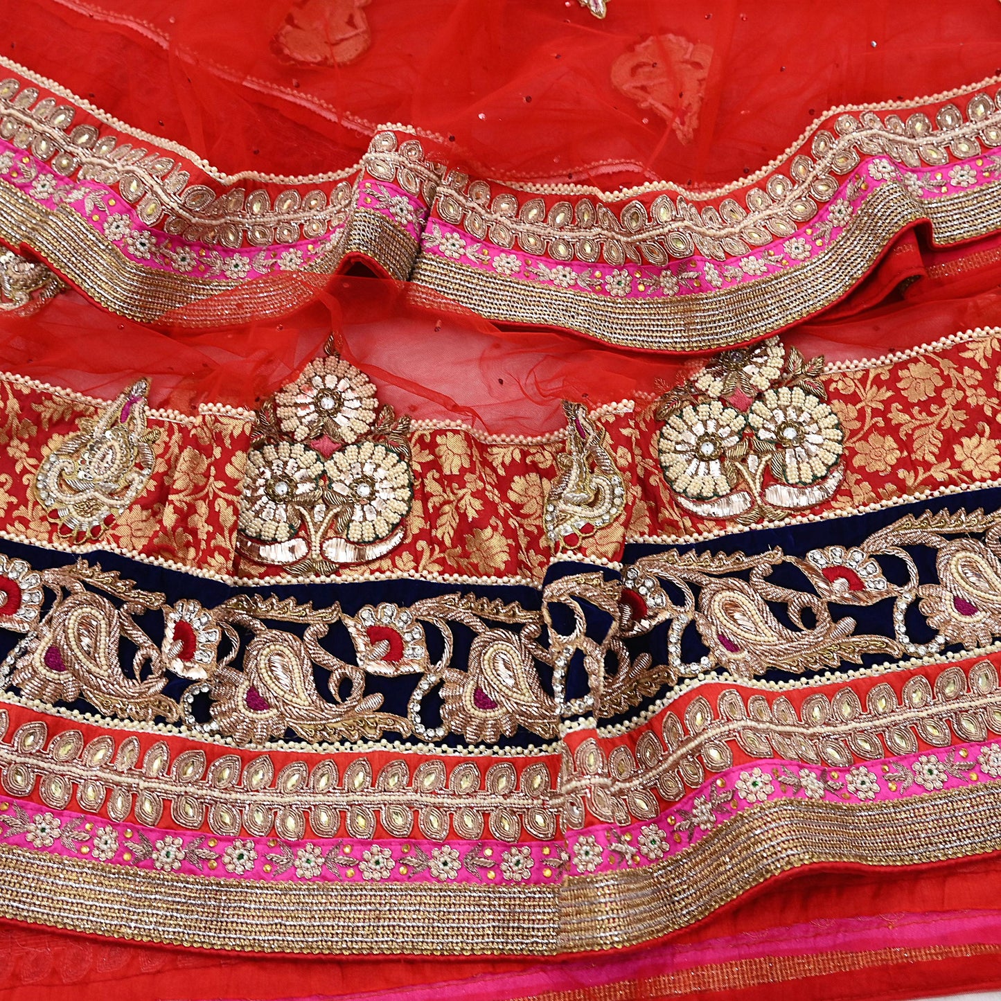 Indian Vintage Heavy Bridal Red Dupatta Net Mesh Long Stole Hand Embroidered Scarves Golden Zardozi Dabka Zari Sequins Wedding Veil Hijab