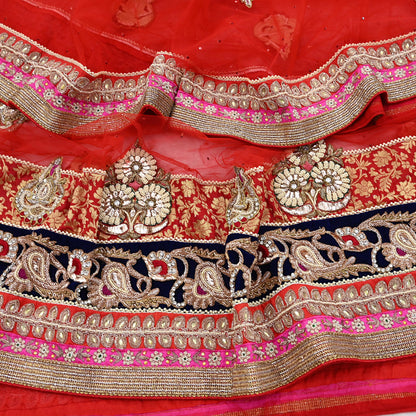 Indian Vintage Heavy Bridal Red Dupatta Net Mesh Long Stole Hand Embroidered Scarves Golden Zardozi Dabka Zari Sequins Wedding Veil Hijab