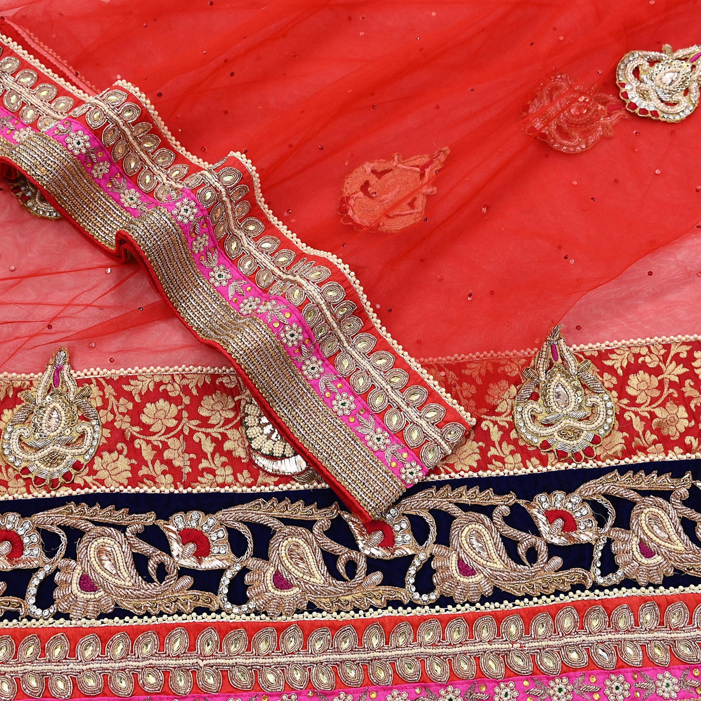 Indian Vintage Heavy Bridal Red Dupatta Net Mesh Long Stole Hand Embroidered Scarves Golden Zardozi Dabka Zari Sequins Wedding Veil Hijab