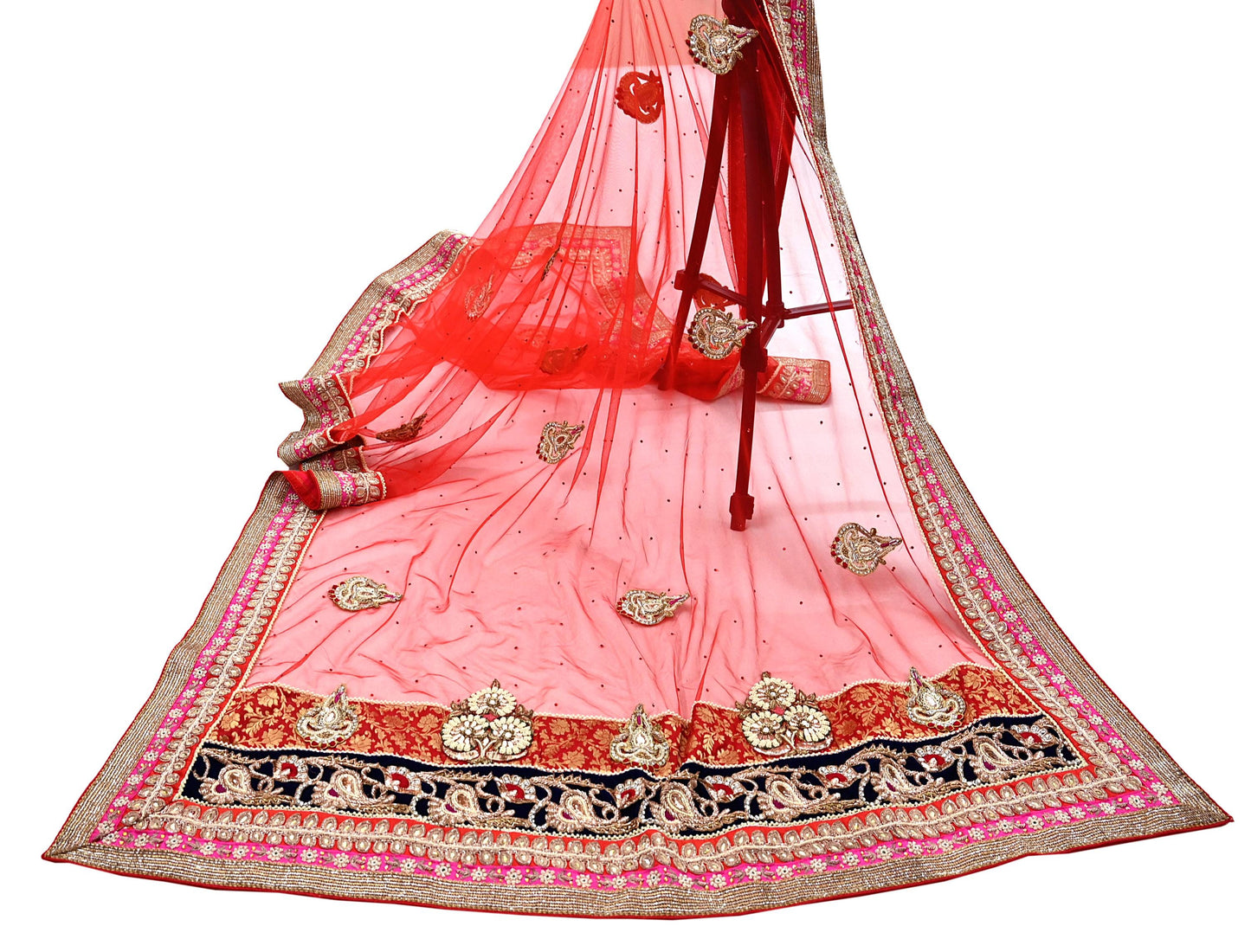 Indian Vintage Heavy Bridal Red Dupatta Net Mesh Long Stole Hand Embroidered Scarves Golden Zardozi Dabka Zari Sequins Wedding Veil Hijab