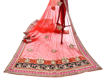 Indian Vintage Heavy Bridal Red Dupatta Net Mesh Long Stole Hand Embroidered Scarves Golden Zardozi Dabka Zari Sequins Wedding Veil Hijab