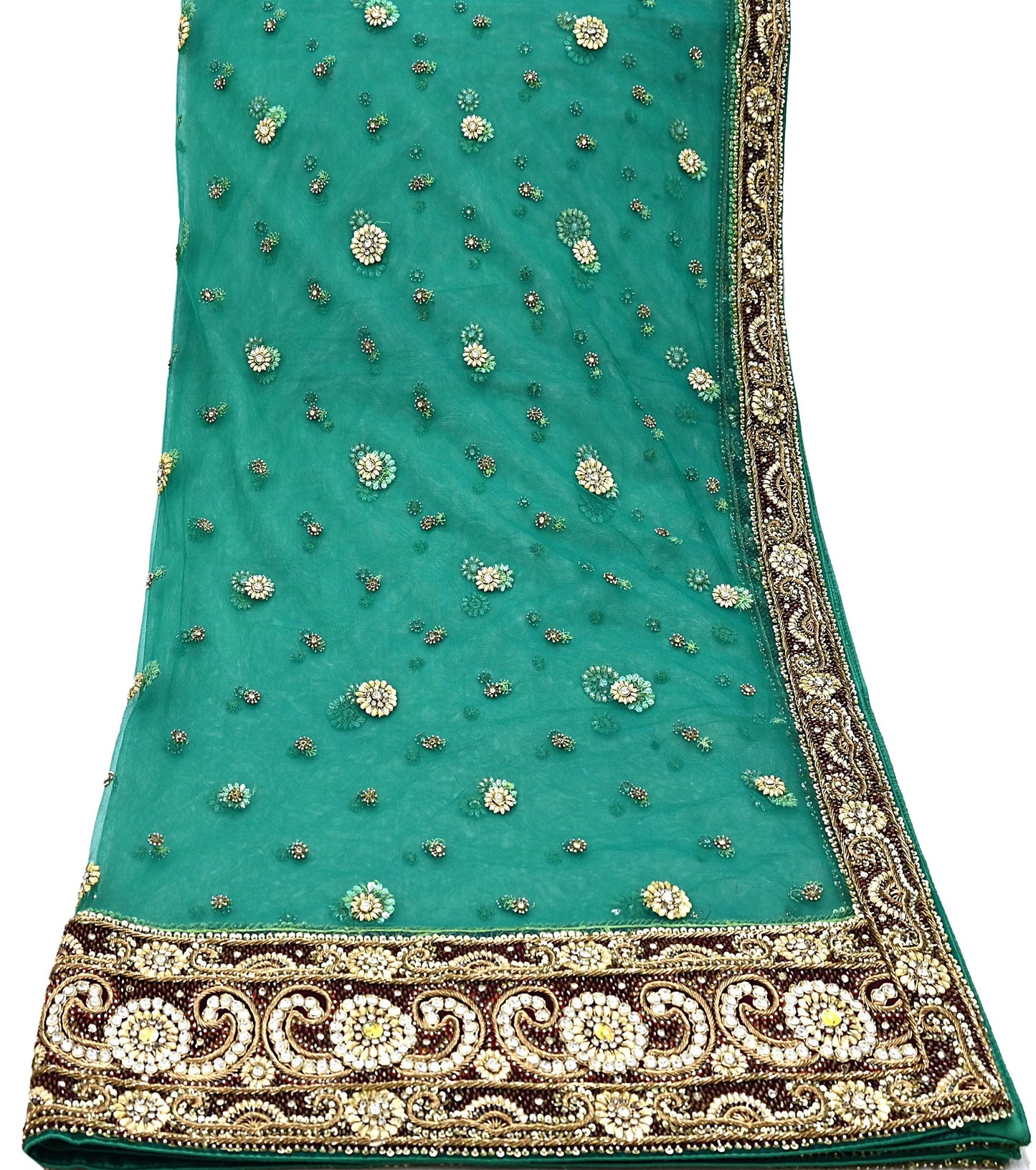 Indian Vintage Heavy Bridal Green Dupatta Net Mesh Long Stole Hand Embroidered Scarf Zardozi Zari Sequins Wedding Stole Veil hijab